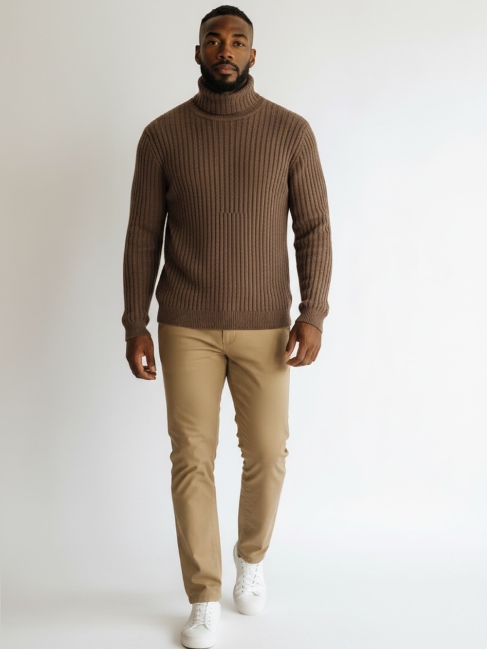 Vintage Men's Brown Ribbed Knit Chunky Cotton Turtleneck Sweater Size Medium